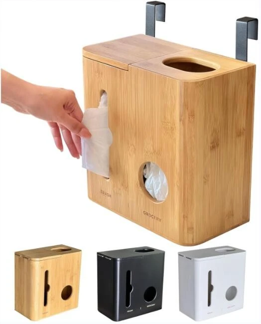 Home Kitchen Wooden Grocery Bags Holder Wall Mount Bamboo Trash Bag Organizer Dispenser