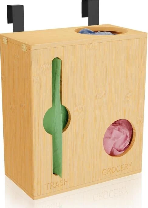 Heimili Eldhús Tré matvörupokar Holder Wall Mount Bamboo Rush Bag Organizer Dispenser