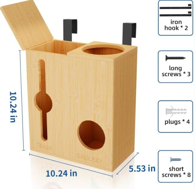 Home Kitchen Wooden Grocery Bags Holder Wall Mount Bamboo Trash Bag Organizer Dispenser